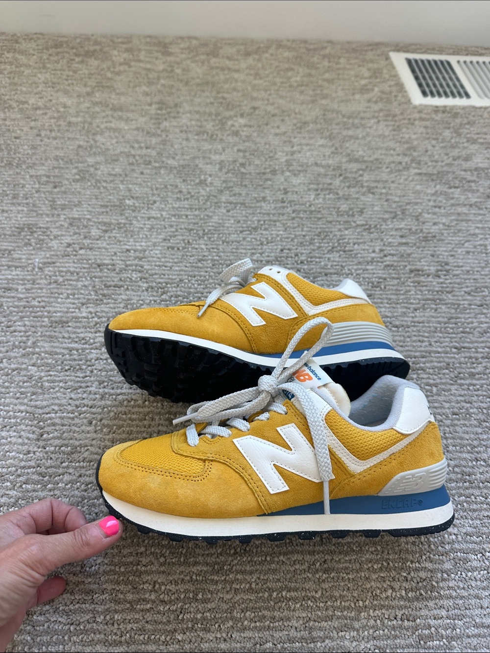 New Balance Yellow and White Suede Sneakers